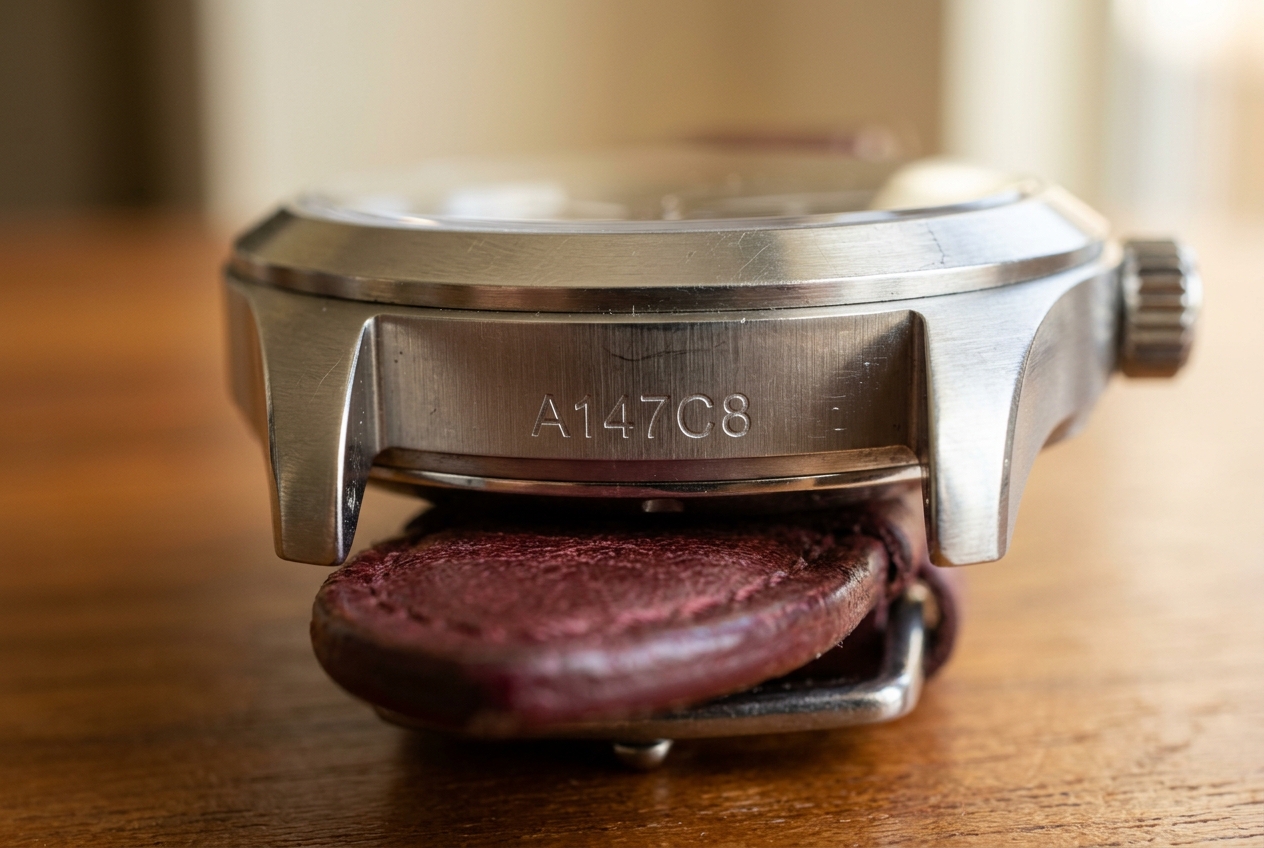 Macro side-view of a stainless-steel watch case showing a six-character reference engraving between the lugs, resting on a burgundy leather strap-cushion against a warm wood grain backdrop