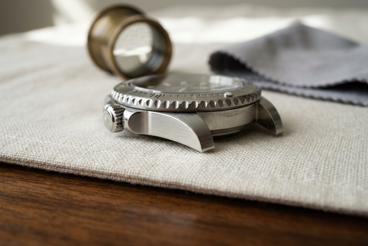 A diver-style watch case profile photographed from a low side angle on cream linen over warm wood, showing crisp factory-correct lug edges with a sharp brushed-to-polished demarcation line