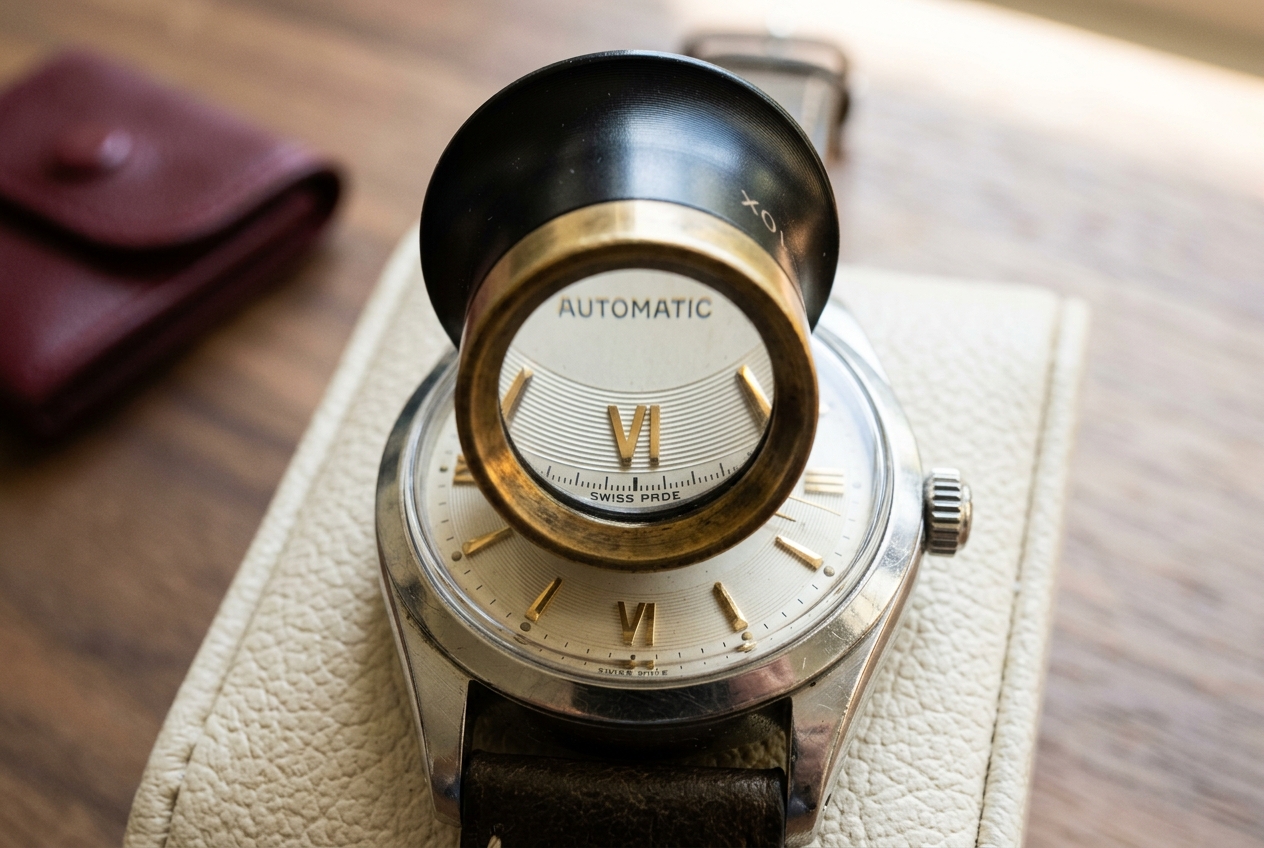 An overhead macro of a 10x jeweler's loupe held over a vintage watch dial, magnifying the AUTOMATIC text and a Roman numeral hour marker in razor-sharp detail, with a burgundy leather pouch in the soft-focus periphery