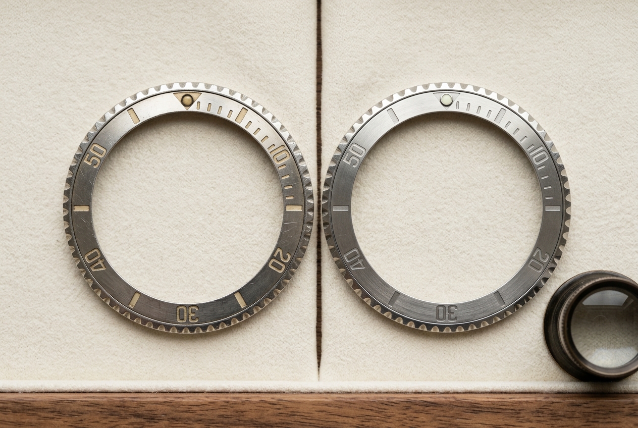 Side-by-side overhead macro of two diver-style watch bezels on a cream felt surface, left bezel showing warm aged patina with a creamy lume pip, right bezel showing cooler tones with a brighter pip, observable differences for a trained eye