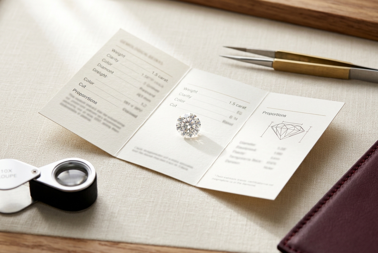 An overhead editorial flat-lay of a 1.5-carat round-brilliant diamond resting on an open tri-fold gemological certificate card, with brass jeweler's tweezers, a 10x loupe, and a burgundy leather notebook on a cream linen surface