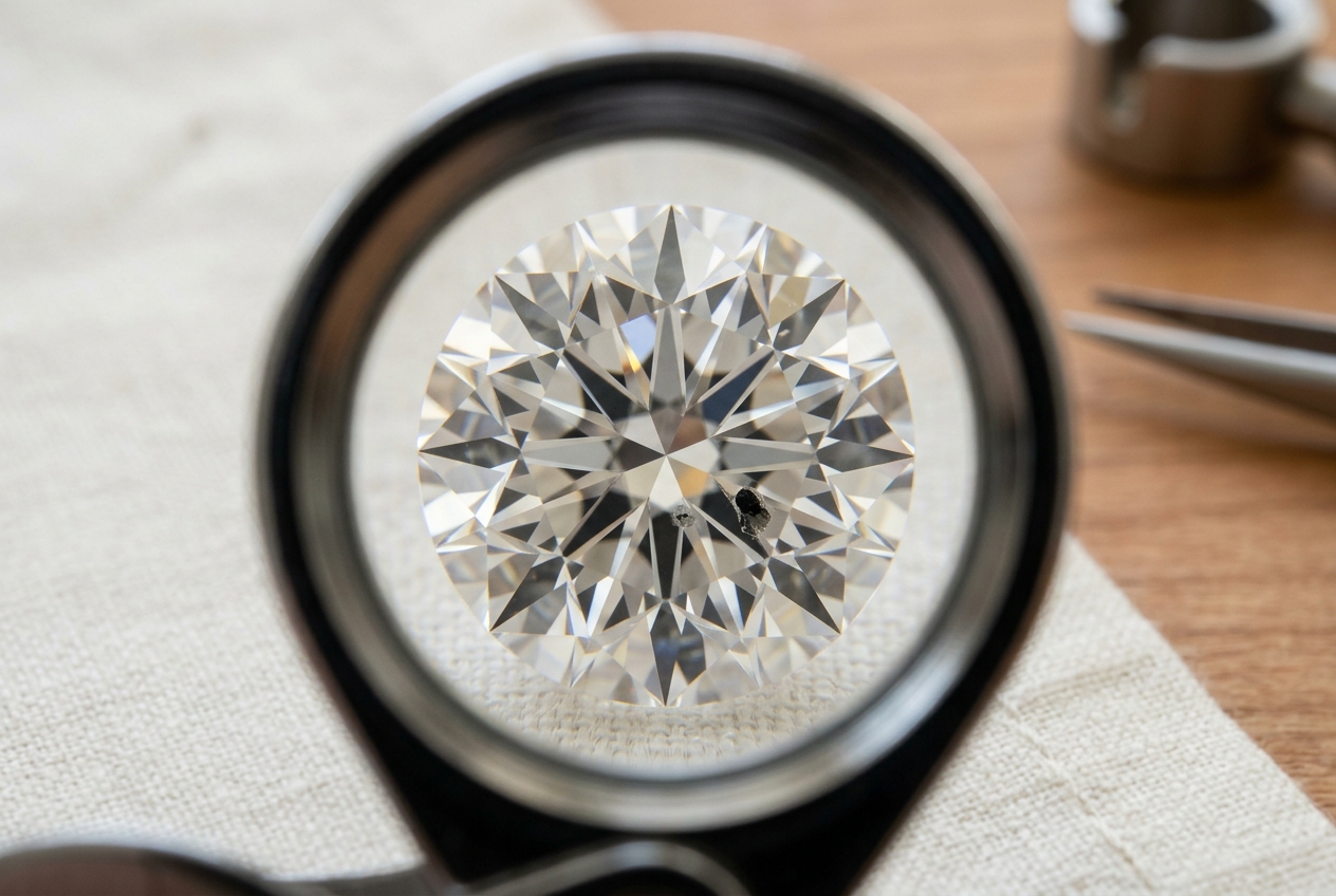 A 10x loupe-vignetted close-up of a round-brilliant diamond at magnification revealing a small dark crystalline inclusion to the right of center, with brass tweezers and a second loupe in the soft-focus background